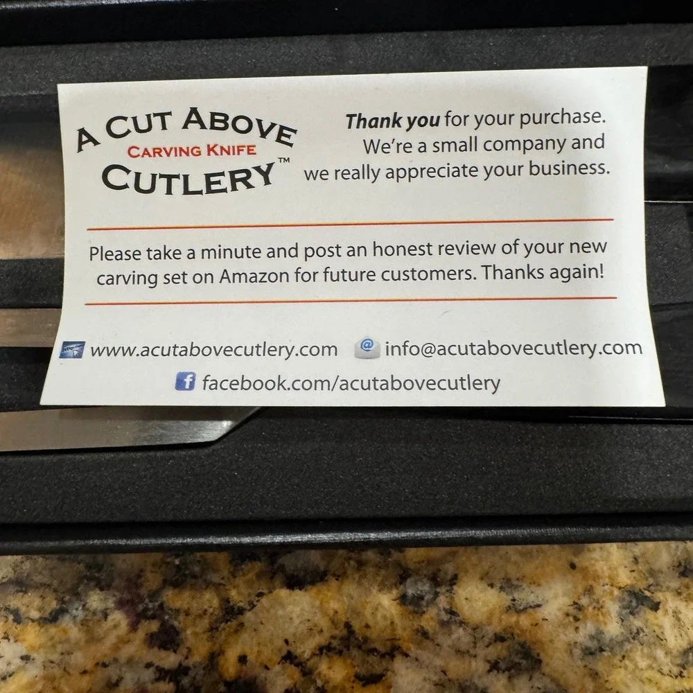 A Cut Above Cutlery Carving Set Stainless Steel Knife and Fork Black Handles Box